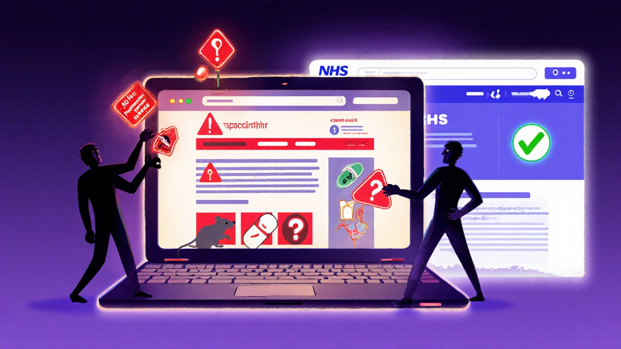 Dangerous fake pharmacy website on laptop with red warnings, contrasted by a safe NHS site.