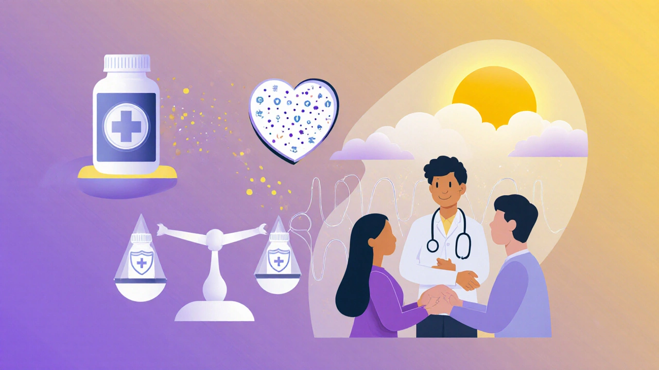 A doctor and patient in consultation with floating symbols of medication and infection risk in gradient cartoon style.