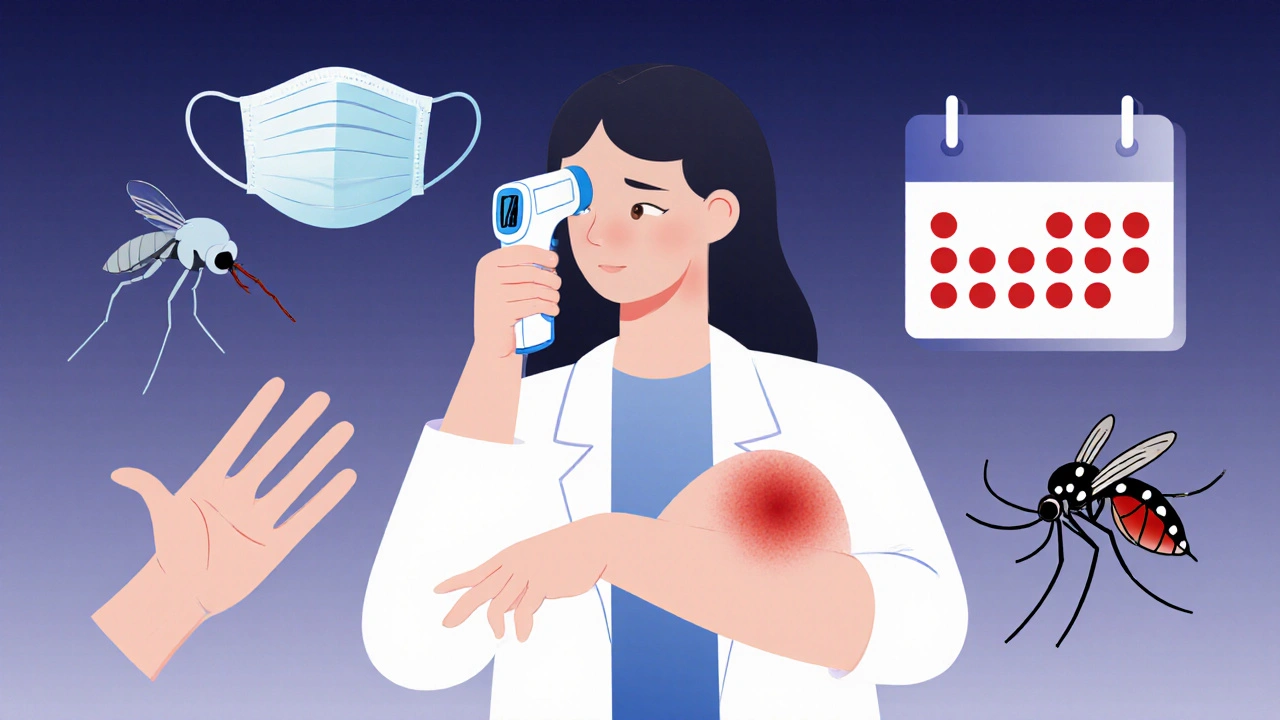 A patient noticing a spreading rash while surrounded by health symbols like a mask and thermometer in gradient style.