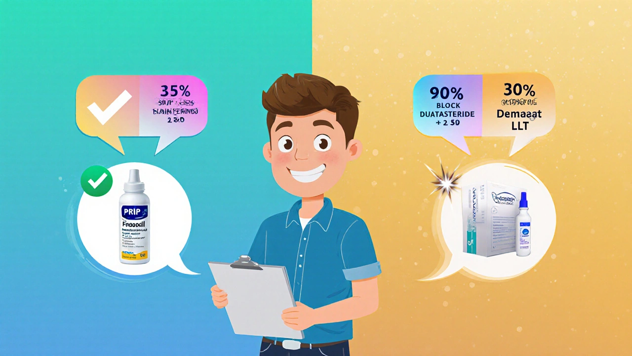 Cartoon character comparing budget Minoxidil vs premium PRP options with stats and price tags.
