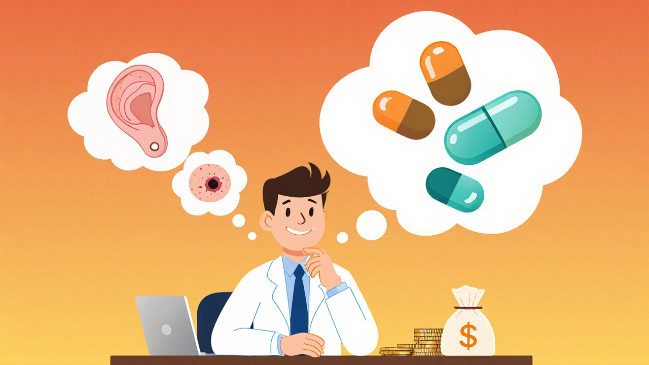 Cartoon doctor at a desk thinking about sinus, ear, and skin infections with Ceclor CD and other pills highlighted.