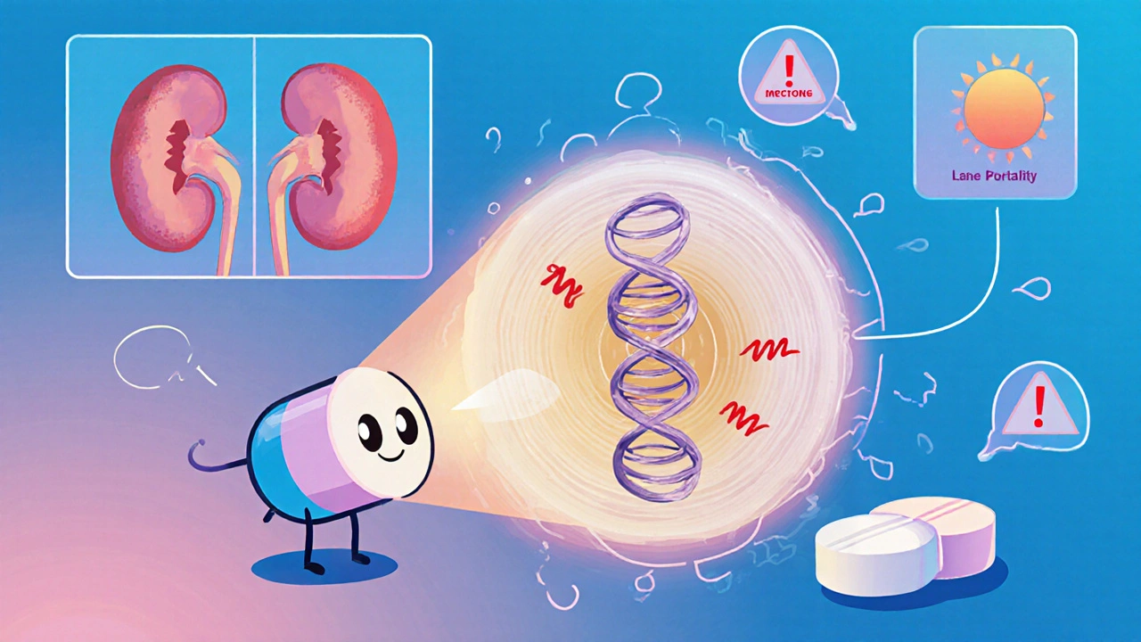 Cartoon drug molecule blocking bacterial DNA with dosage icons and safety warnings.