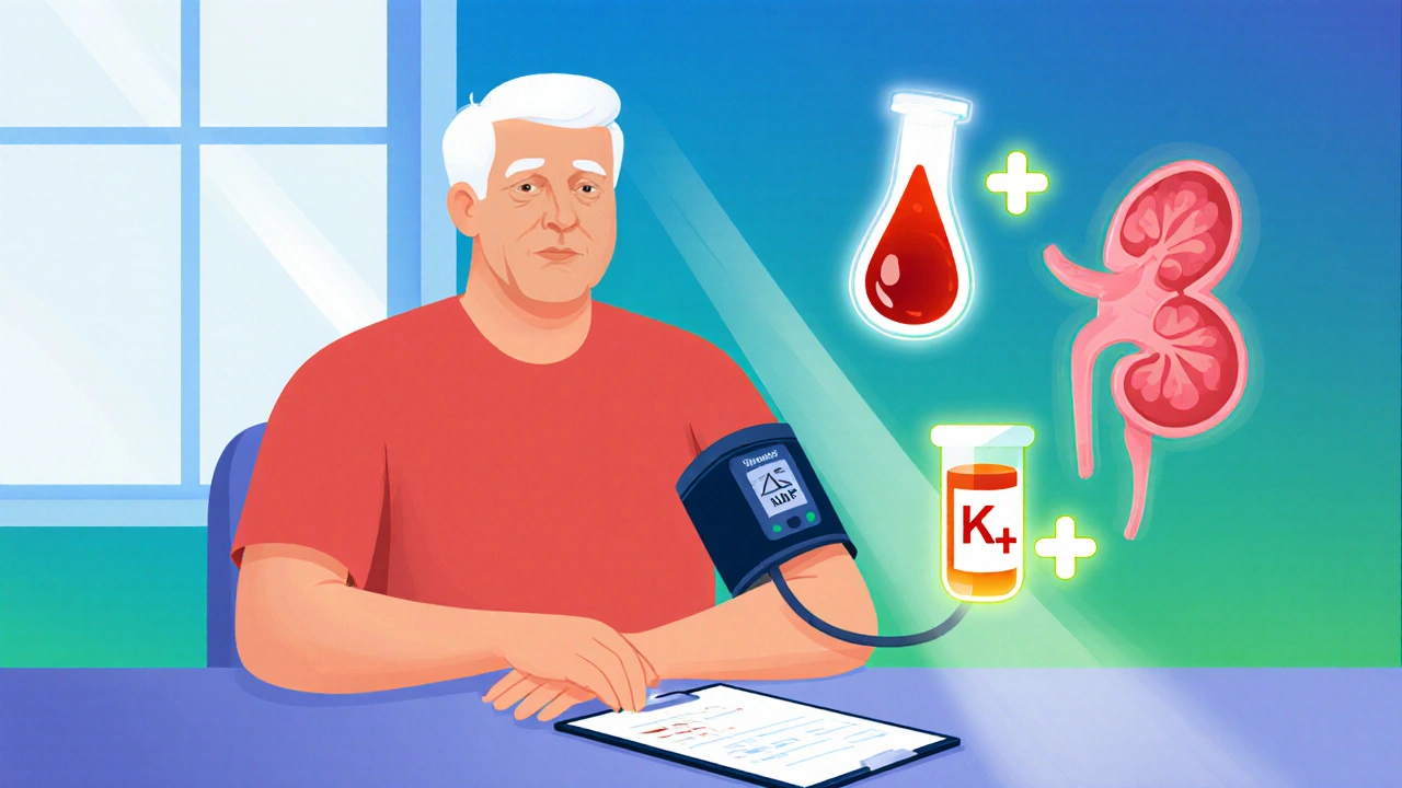 Cartoon of a person measuring blood pressure with lab and electrolyte icons nearby.