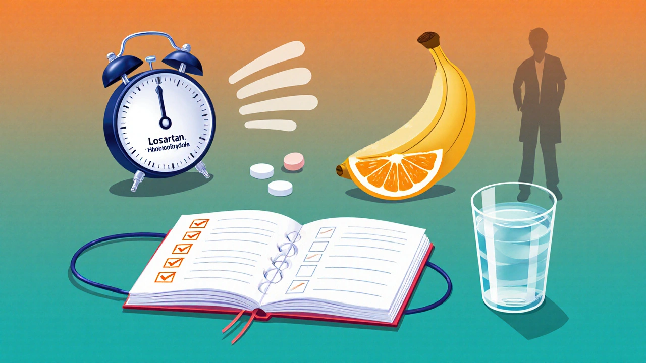 Cartoon of alarm, medication bottle, journal, foods, and doctor silhouette.