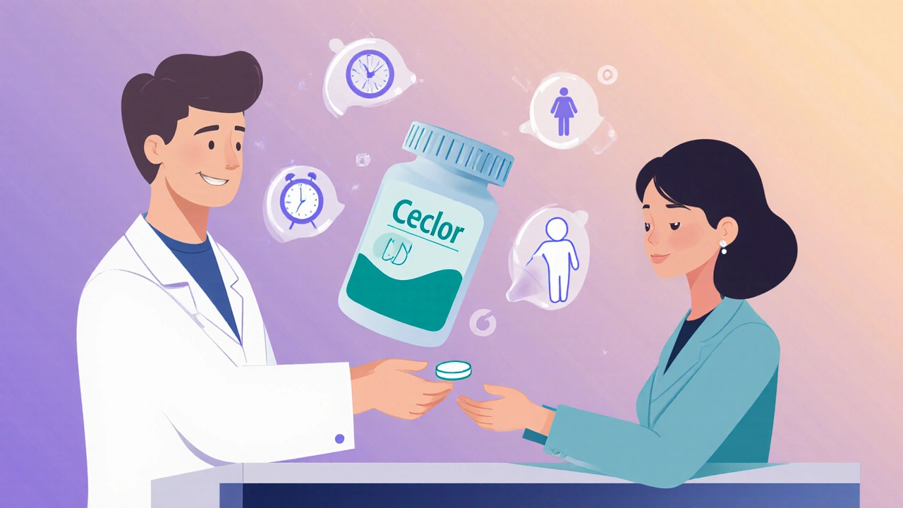 Cartoon pharmacy where a patient receives a Ceclor CD tablet surrounded by icons for allergy, dosing, pregnancy, and kidney safety.