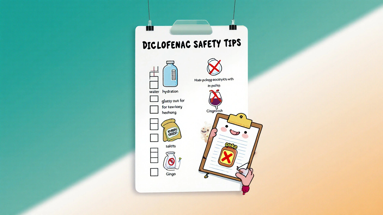 Checklist poster with icons for hydration, alcohol limit, low‑salt diet, and herbal supplement warning.