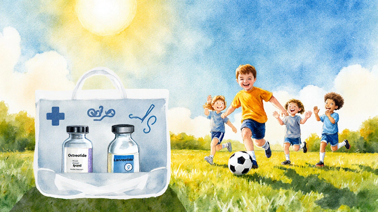 Child playing soccer outdoors, with subtle hint of medical supplies in background.