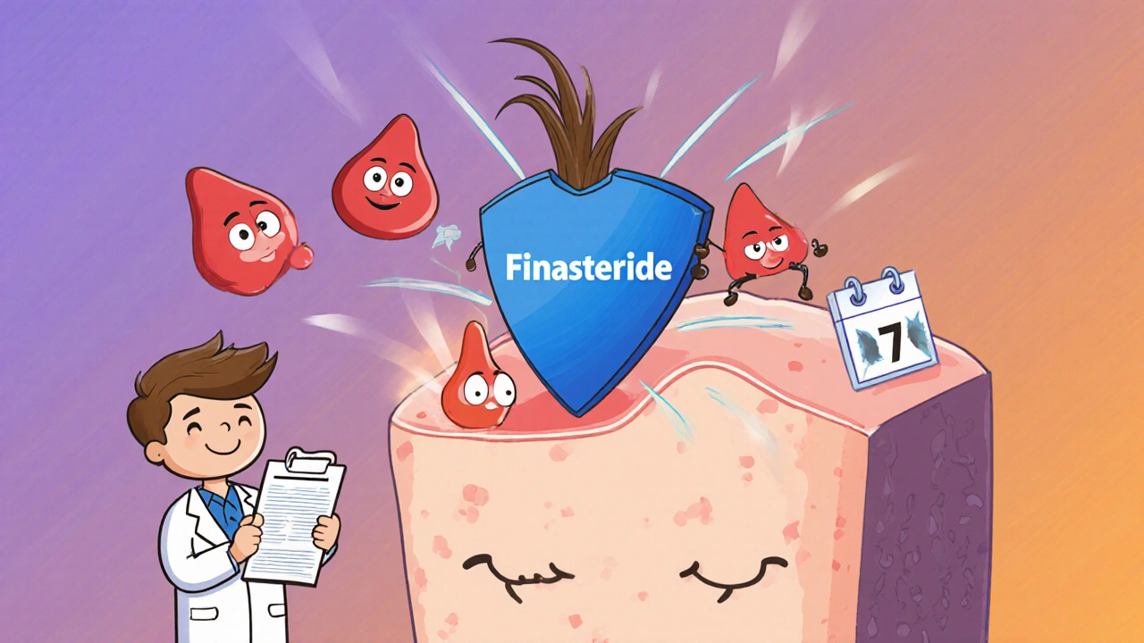Cross‑section cartoon of a hair follicle with Finasteride shield blocking red DHT molecules.