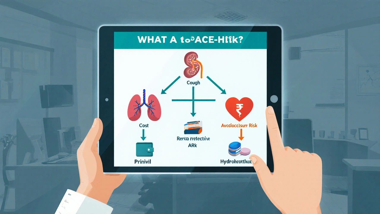 Digital illustration of a doctor holding a tablet with a decision tree for choosing blood pressure medication.