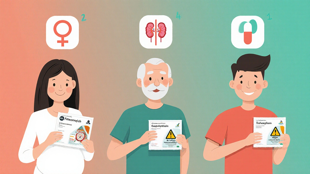 Diverse patients holding different UTI antibiotics with personalized safety icons, in soft gradient cartoon style.