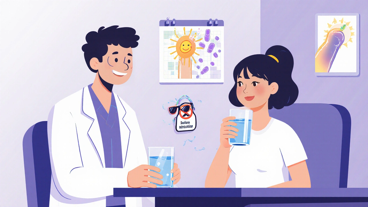 Doctor advising patient on hydration and tendon care with cartoon illustrations.