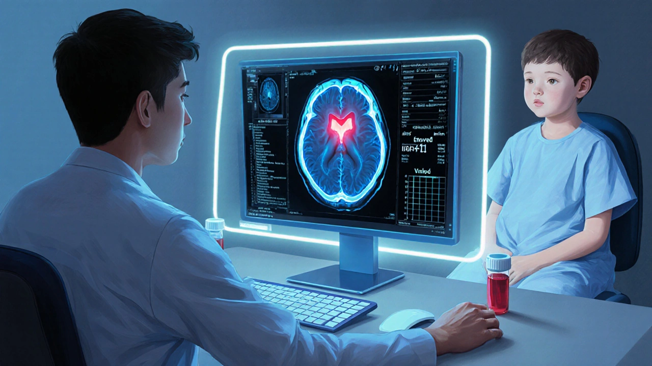 Doctor reviewing MRI of pituitary adenoma and lab test visuals with child nearby.