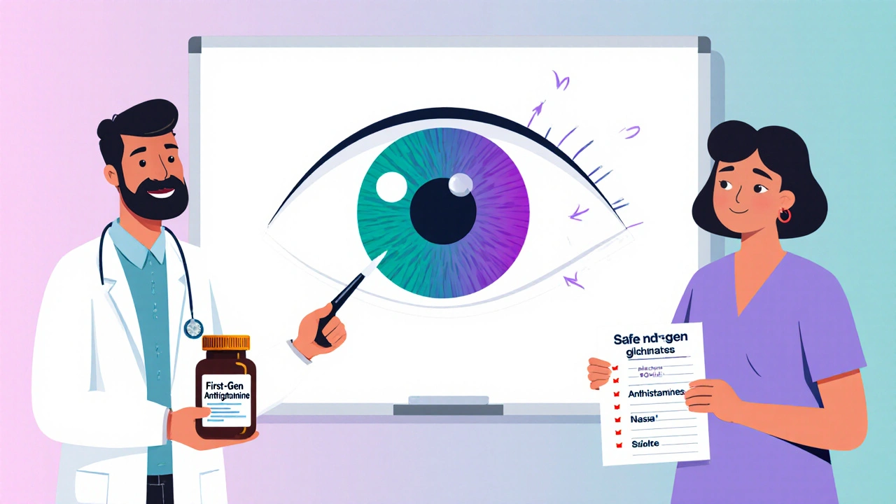 Doctor shows patient a dilated eye and explains risky antihistamine pills.