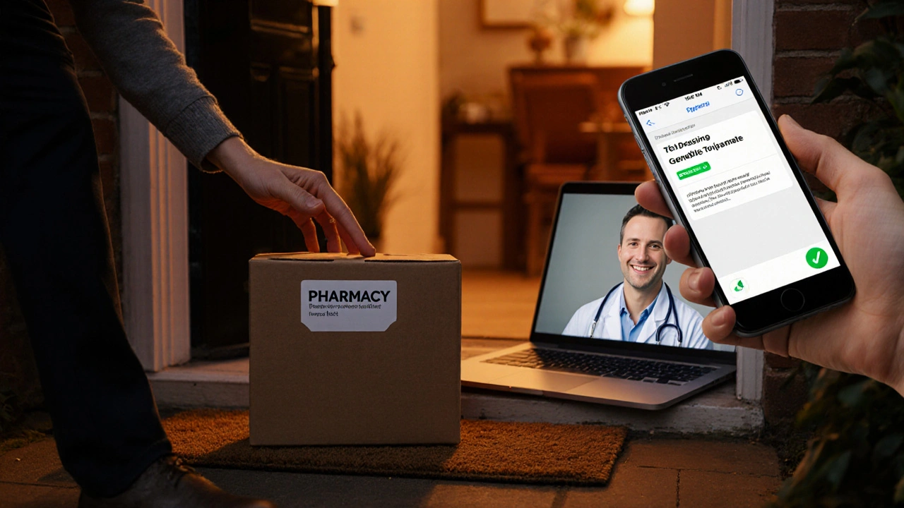 Evening delivery box at a doorstep with phone tracking email and tele‑consultation on a laptop.