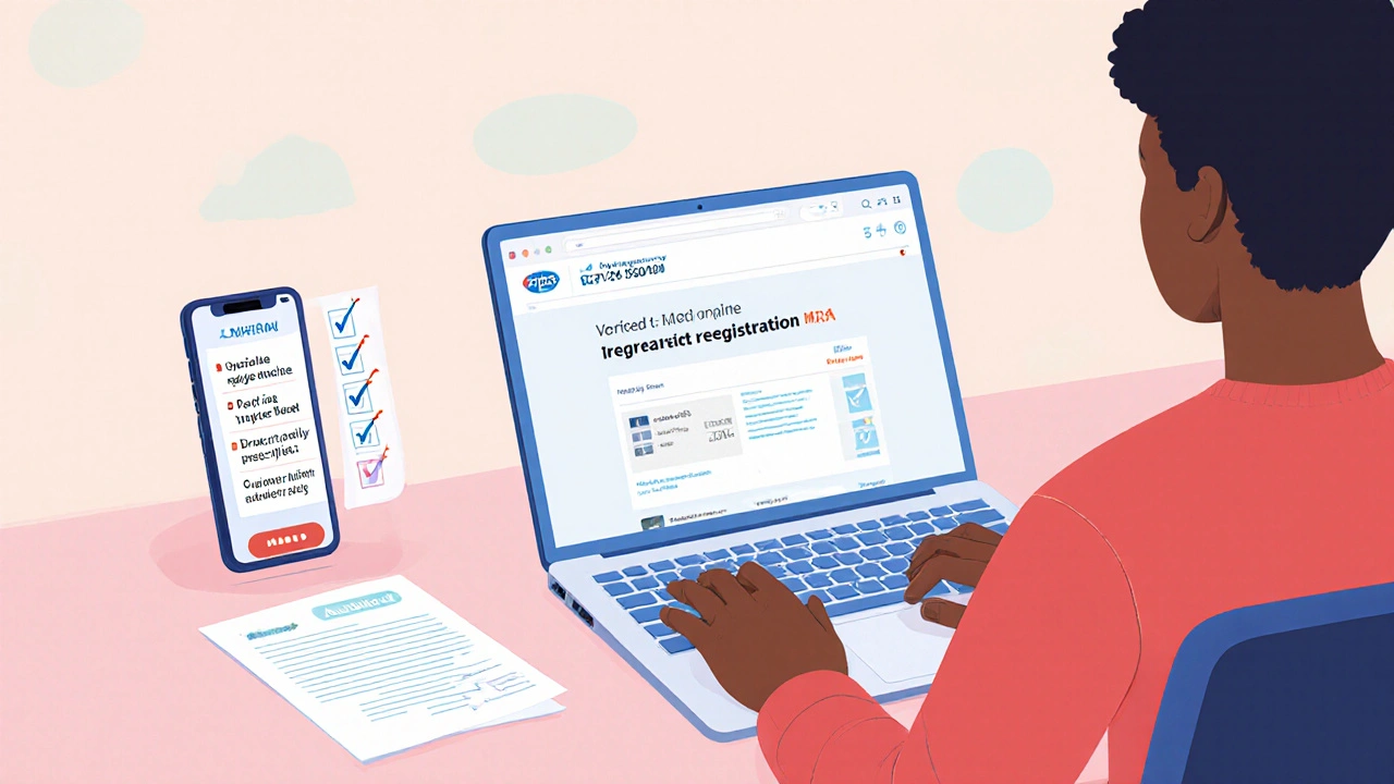 Flat illustration of a person checking a verified online pharmacy checklist on a laptop.