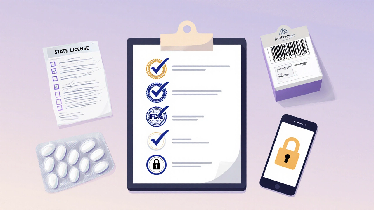 Flat illustration showing a verification checklist for online pharmacies.