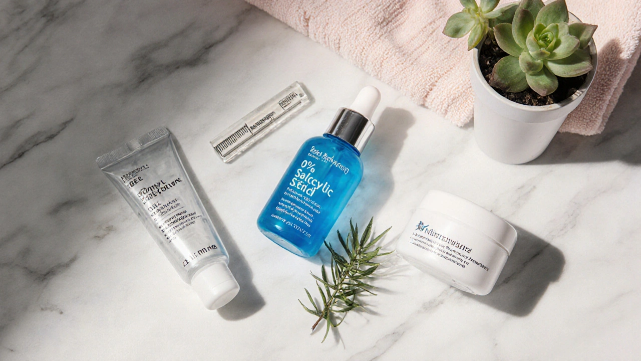 Flat‑lay of benzoyl peroxide gel, salicylic acid serum, adapalene cream, and tea‑tree leaves on a marble counter.