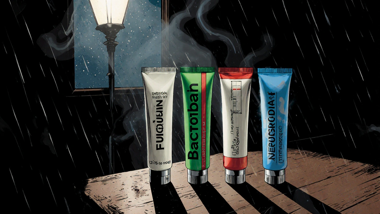Four cream tubes lined up on a night‑time pharmacy counter with dramatic shadows.