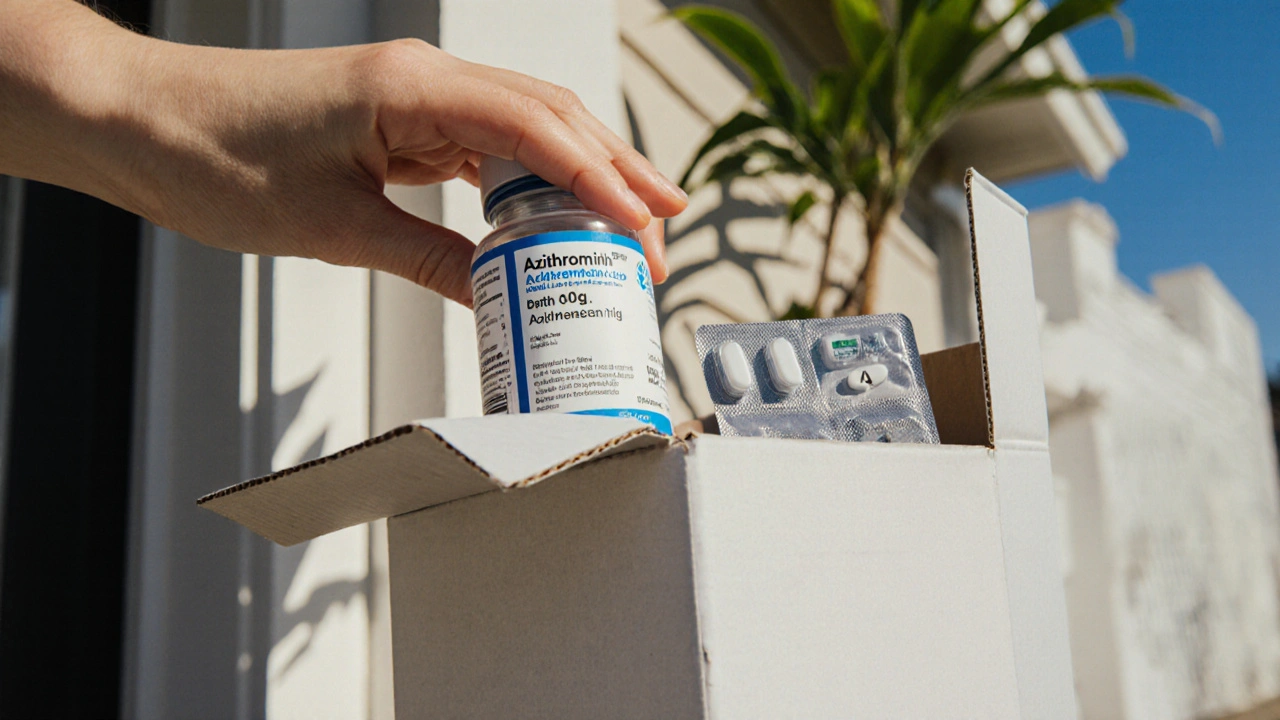 Hand inspecting a delivered azithromycin bottle on a porch.