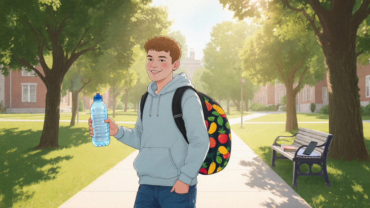 Happy teen boy with clear skin walking on a sunny campus path, holding a water bottle.