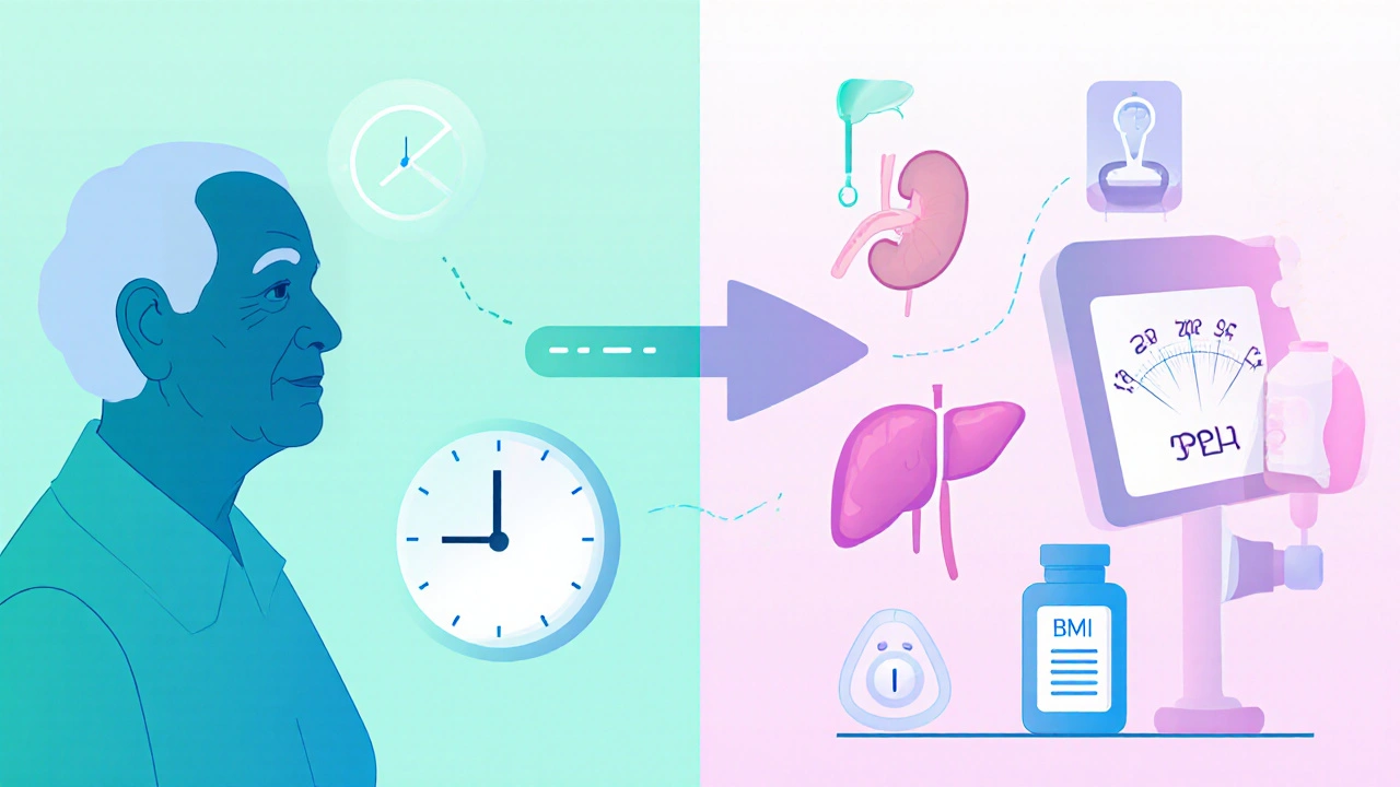 Illustration of factors affecting amlodipine dose: age, kidney, liver, meds, weight, and heart.
