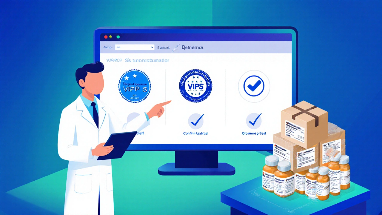 Isometric view of pharmacy verification dashboard with license and VIPPS icons, pharmacist nearby.
