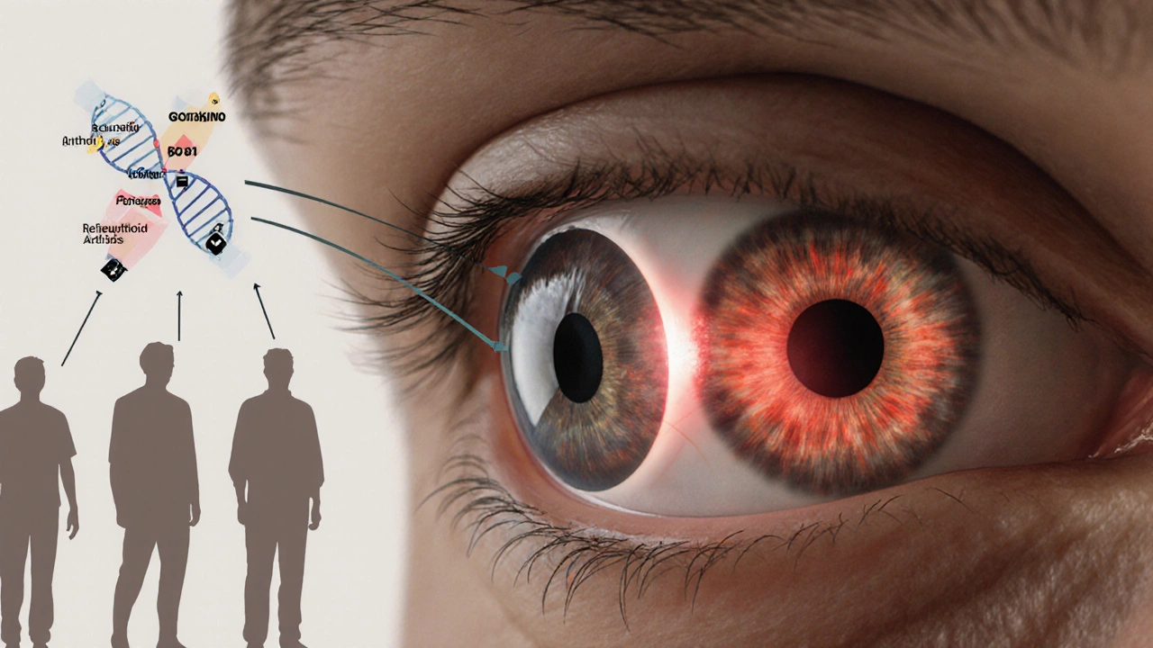 Medical illustration of eye tumor linked to lupus, RA, and Sjögren’s with BAP1 gene.