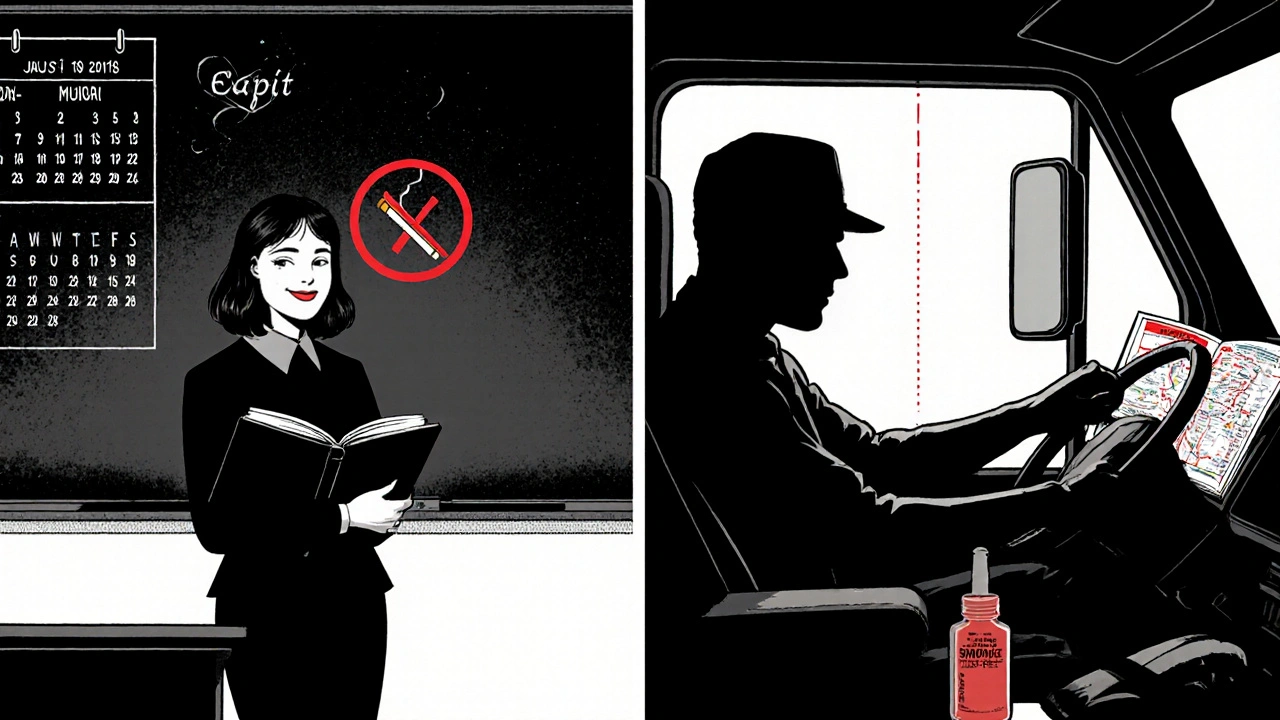 Noir comic split scene of two quitters celebrating with a calendar and journal.