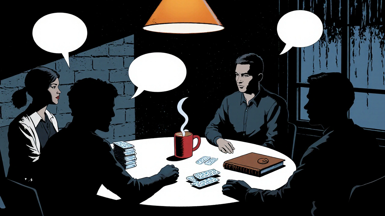 Noir comic support group around a table with varenicline pills, tea, and a journal.