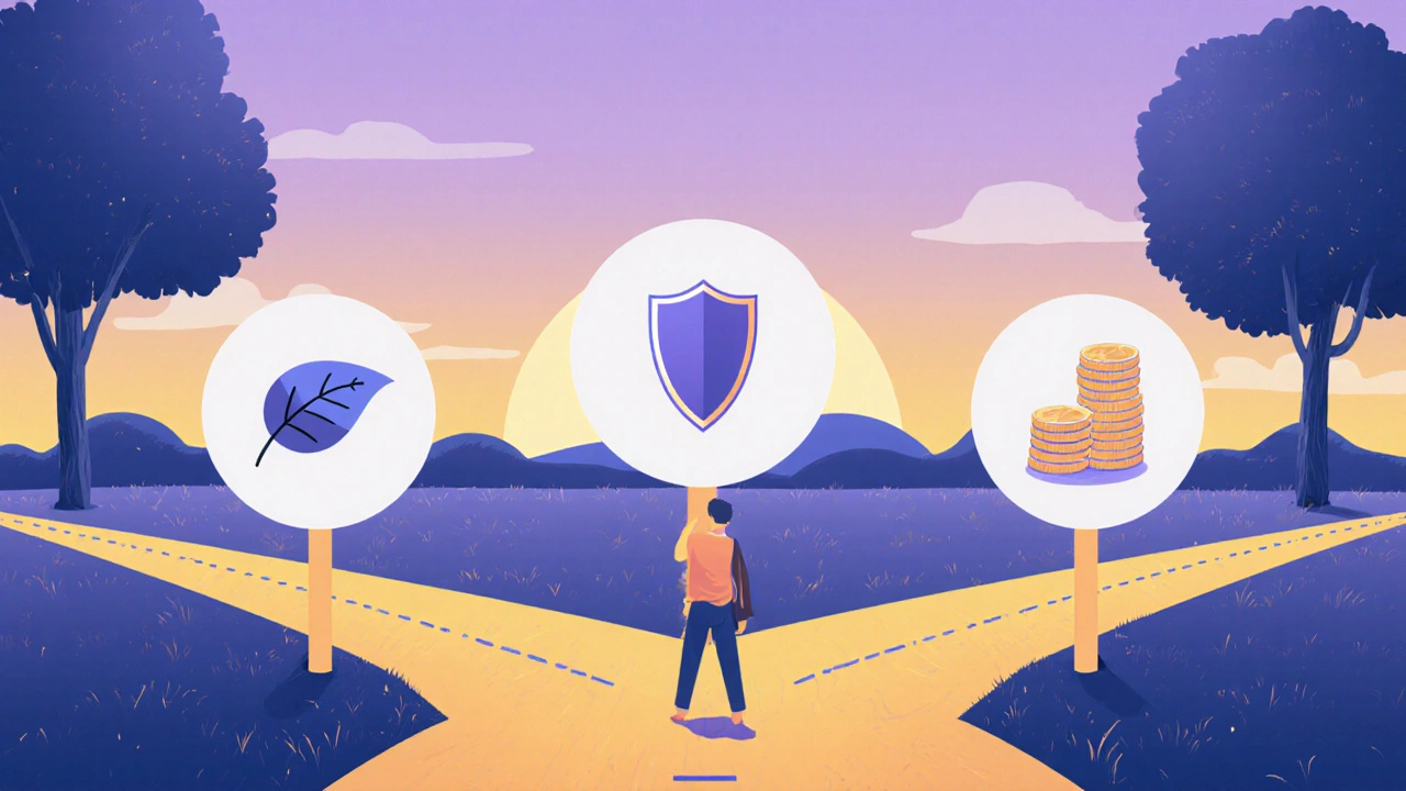 Person at a crossroads with three paths, each lined with medication icons, under a gradient sky.