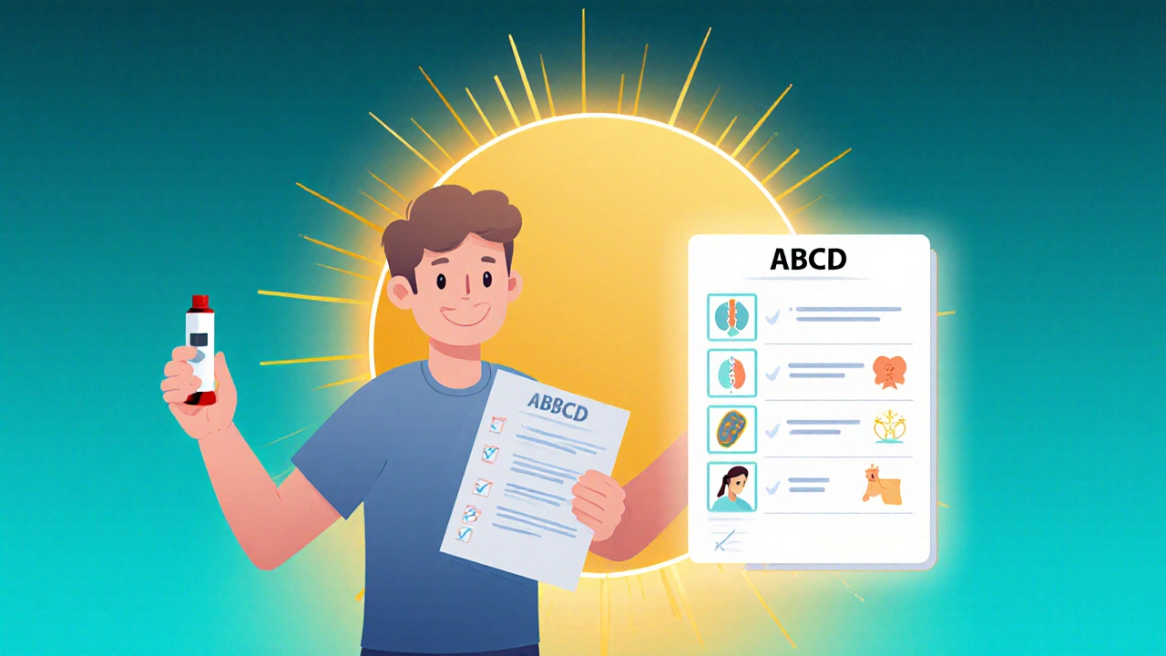 Person holding epinephrine injector beside ABCD checklist, gradient sun behind signifies prevention and awareness.