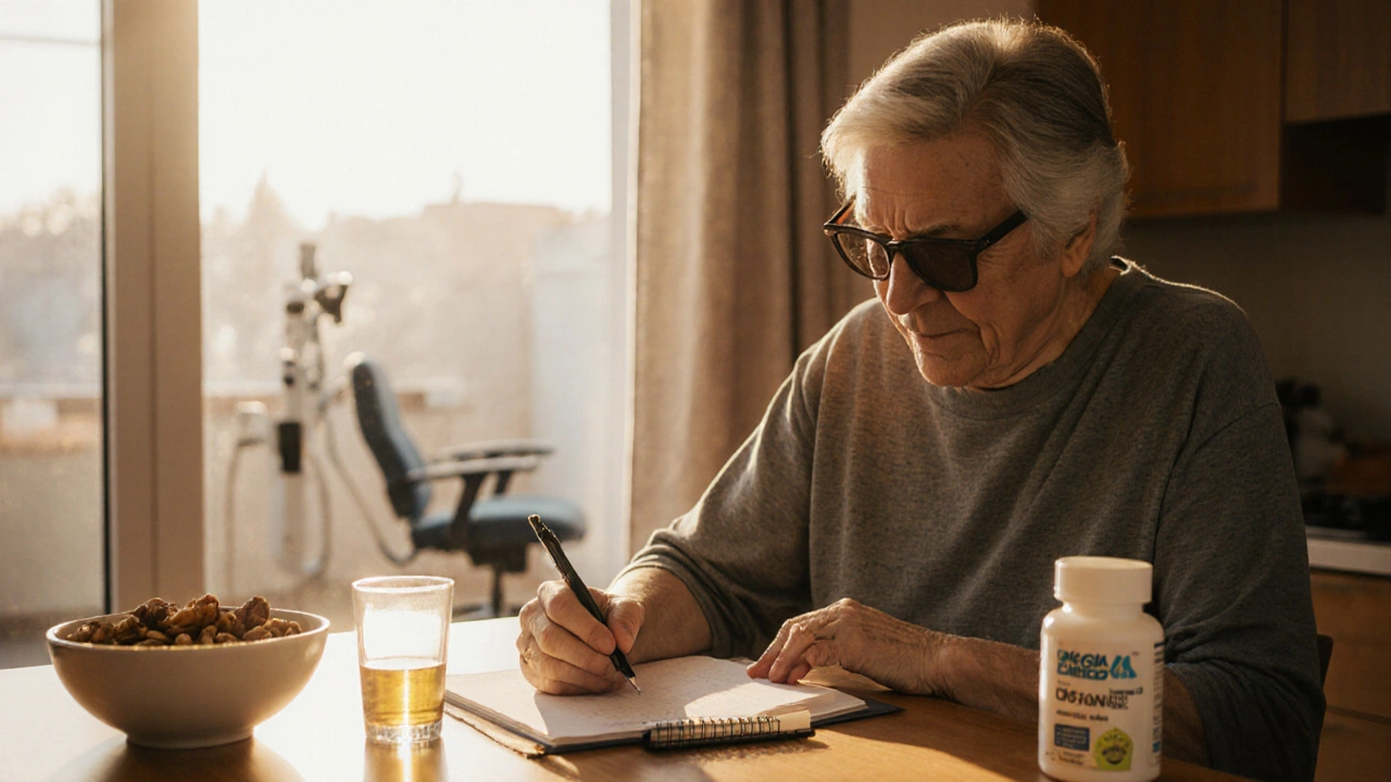 Person in UV sunglasses writing diary, omega‑3 foods, eye clinic backdrop.