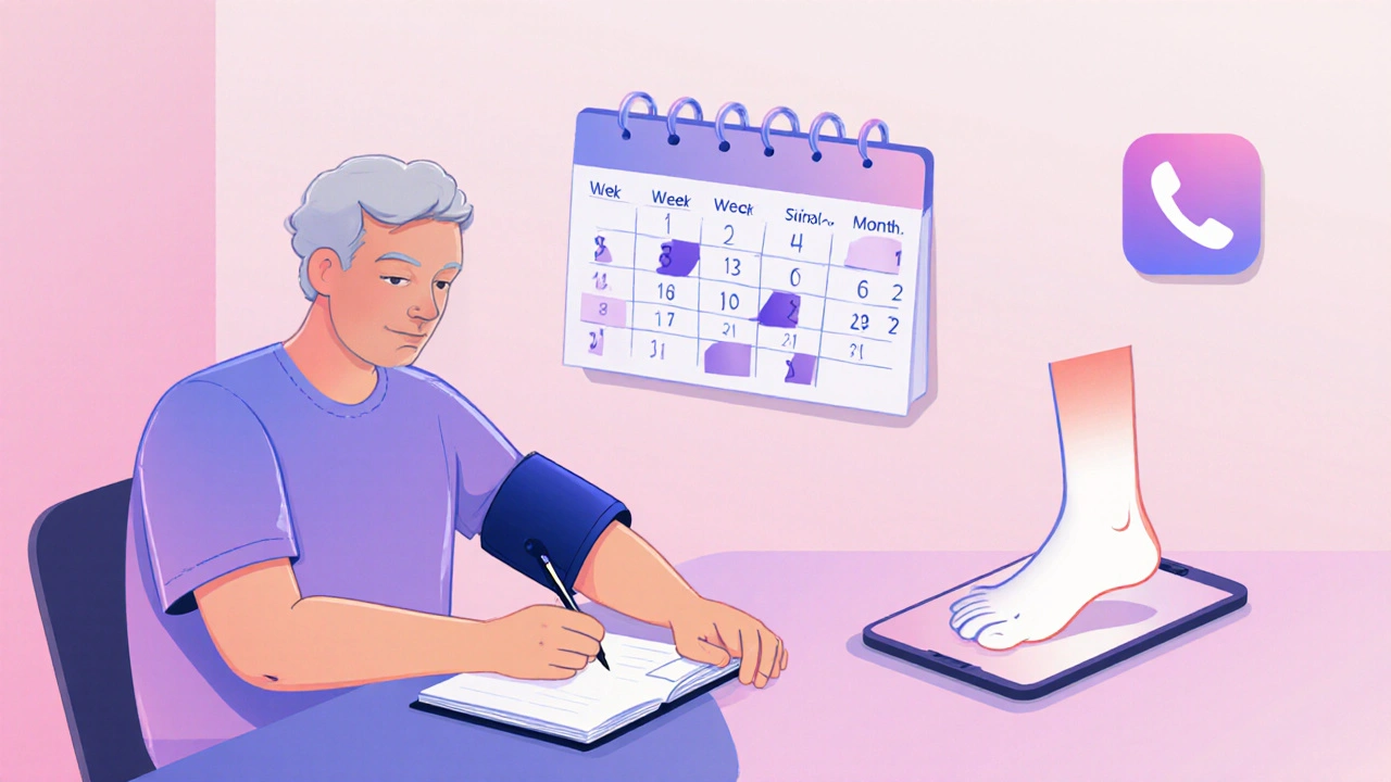 Person monitoring blood pressure at home, noting swelling ankle and calendar reminders.