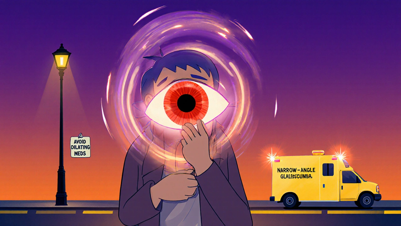 Person with severe eye pain, halos, and ambulance in a cartoon emergency scene.