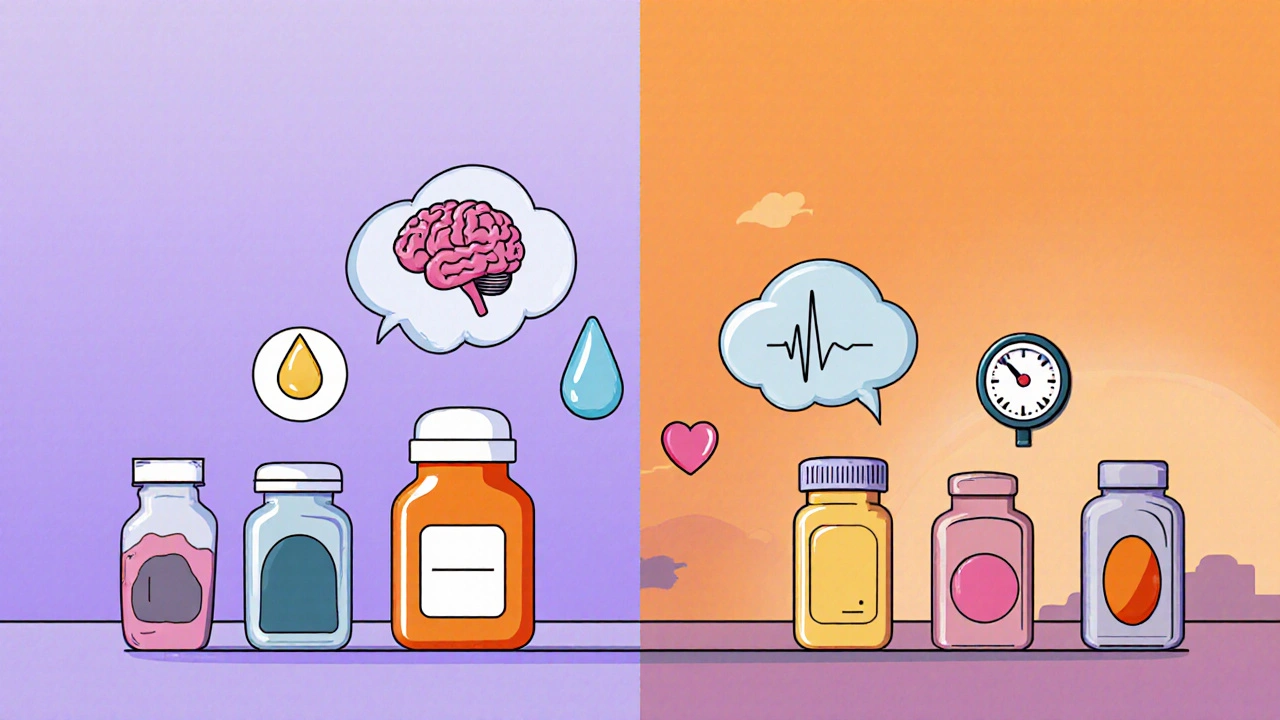Row of cartoon pill bottles with floating icons for side effects, set against a gradient backdrop.