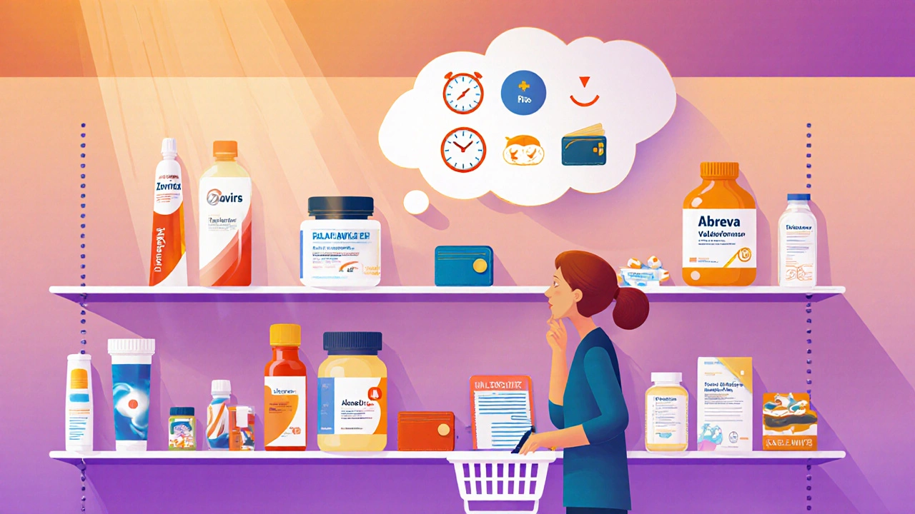 Shopper in a pharmacy aisle weighing antiviral creams and pills, thought bubble shows pros and cons.