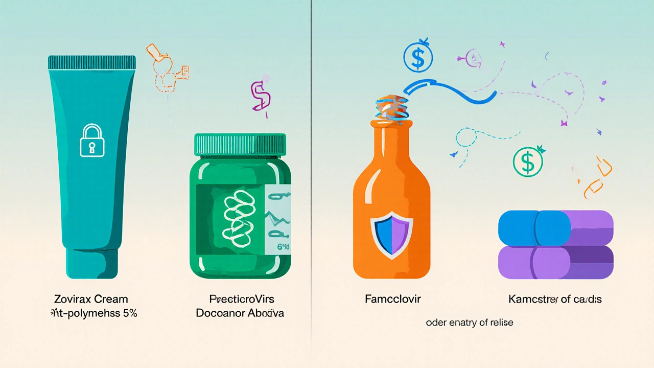 Split illustration comparing Zovirax, Penciclovir, Docosanol, Valacyclovir, and Famciclovir with icons for mechanism and cost.