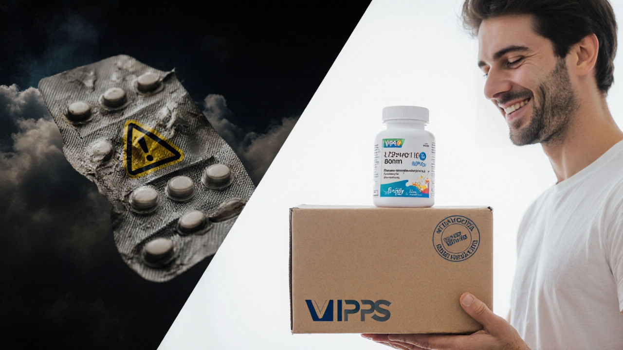 Split image showing counterfeit pill pack on left and legitimate doxycycline package on right.
