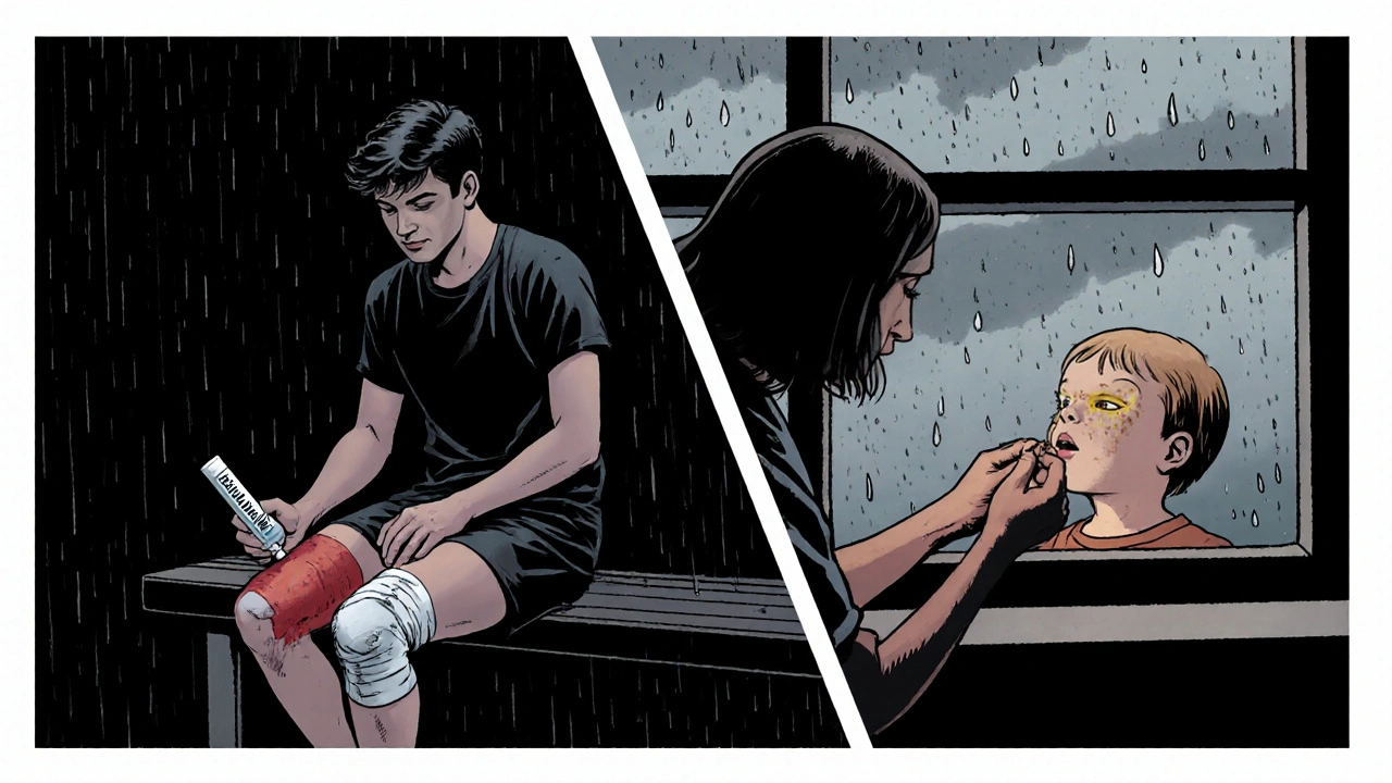 Split scene: athlete using Bactroban on thigh wound and toddler receiving Fucidin cream.