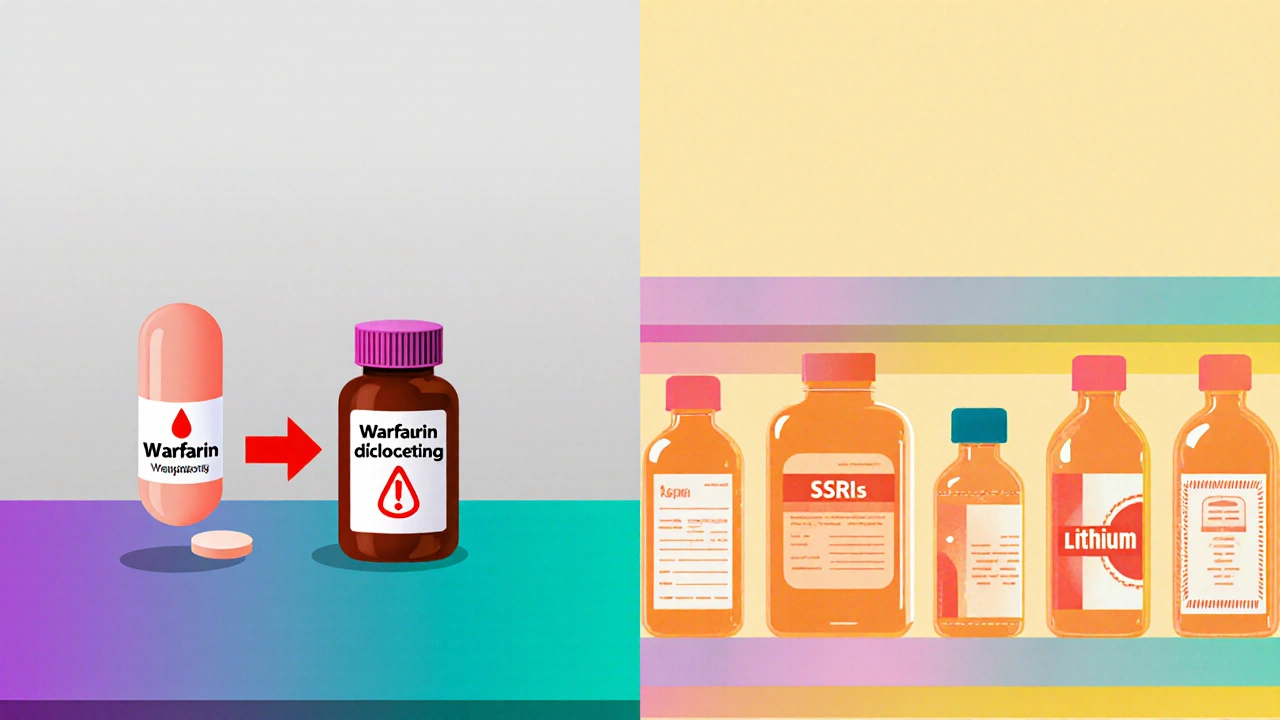 Split scene showing warfarin and diclofenac warning and pharmacy shelf with risky meds icons.