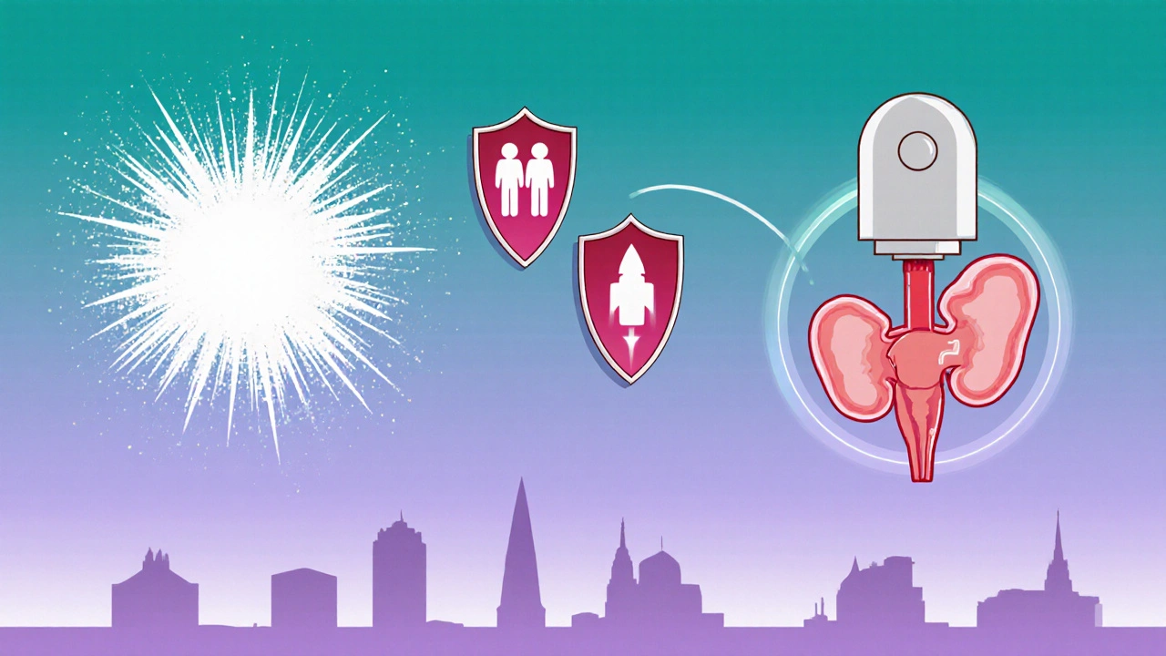 Three antibiotics visually compared: fosfomycin, trimethoprim, and nitrofurantoin, each with unique symbolic effects.