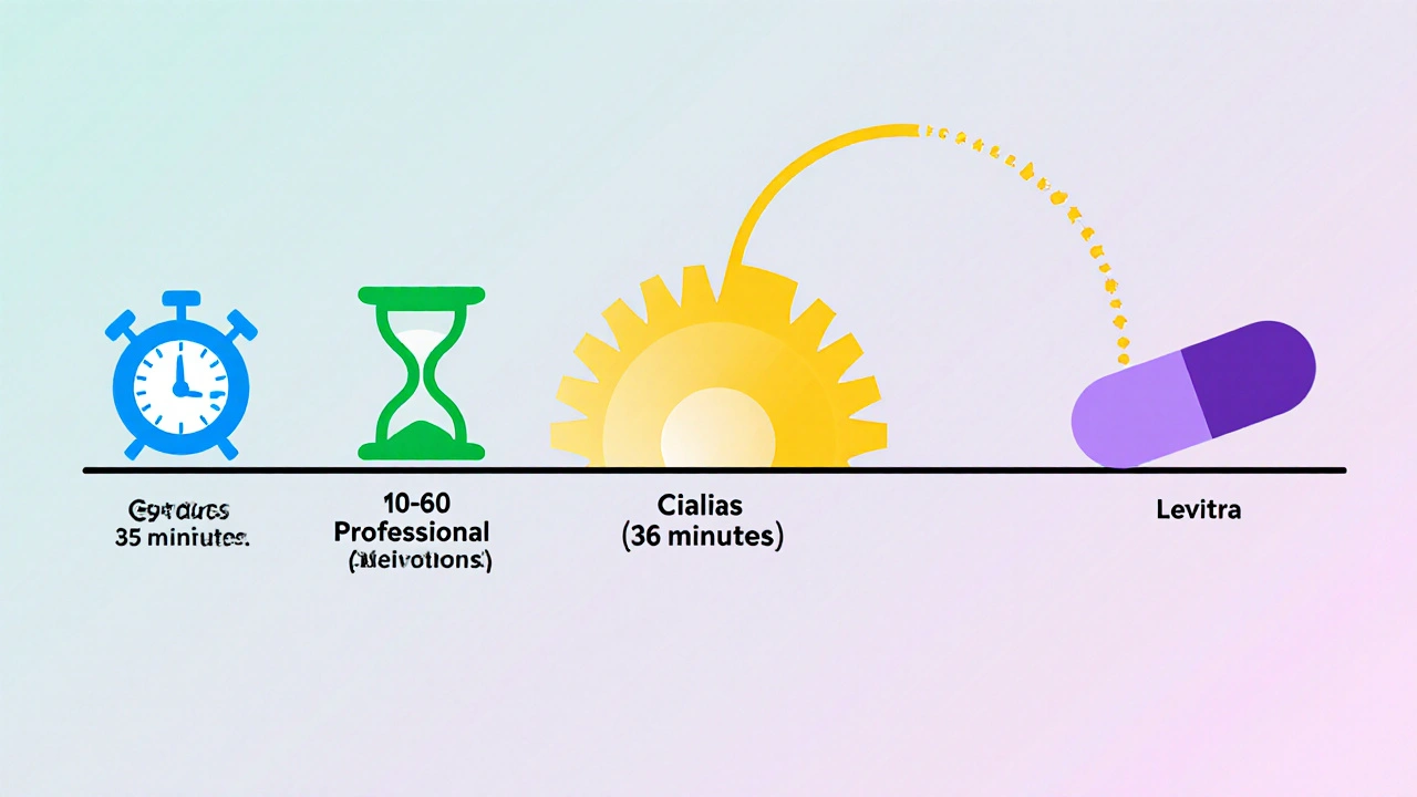 Vector timeline comparing onset times and durations of different ED pills using icons.