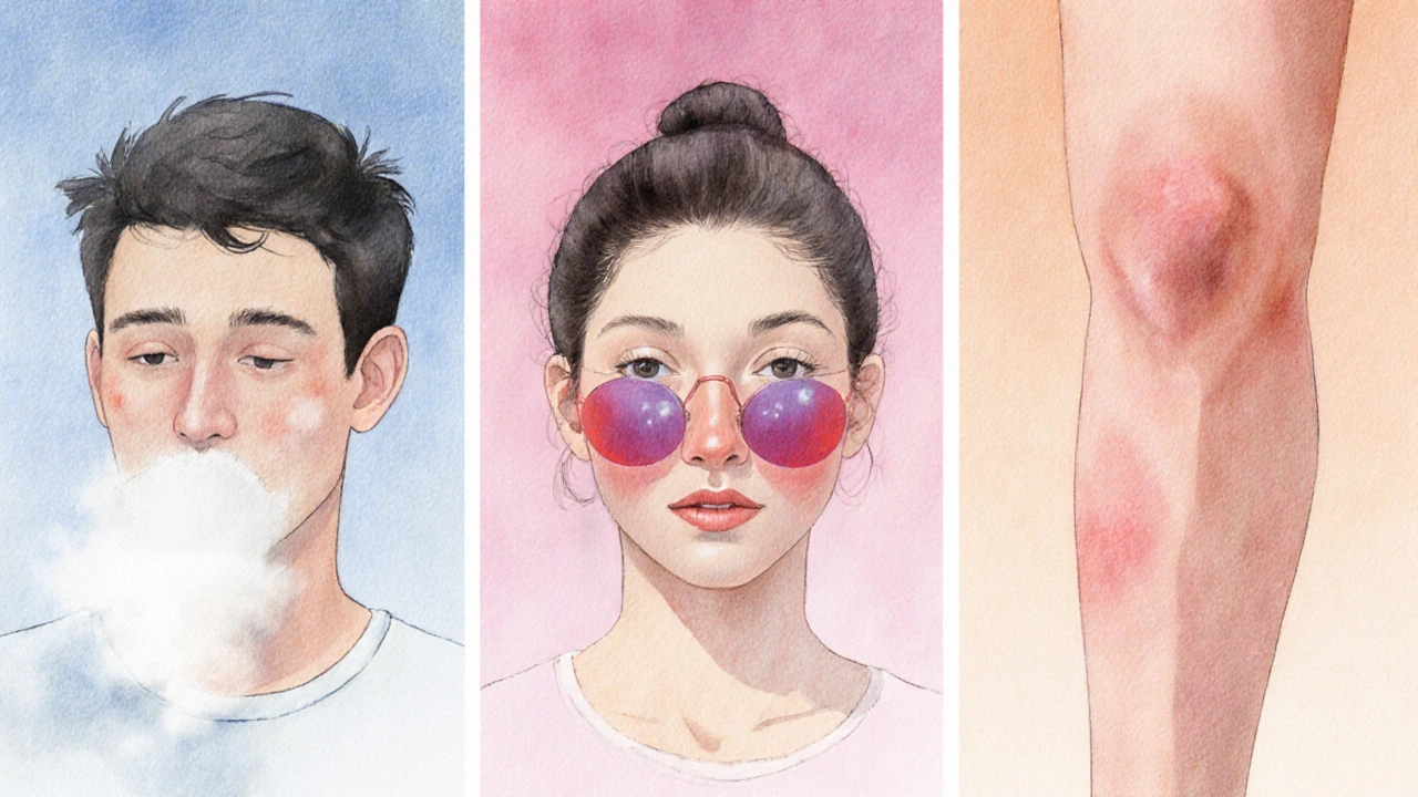 Watercolor panels showing cough, facial swelling, and leg edema as side effects of hypertension drugs.
