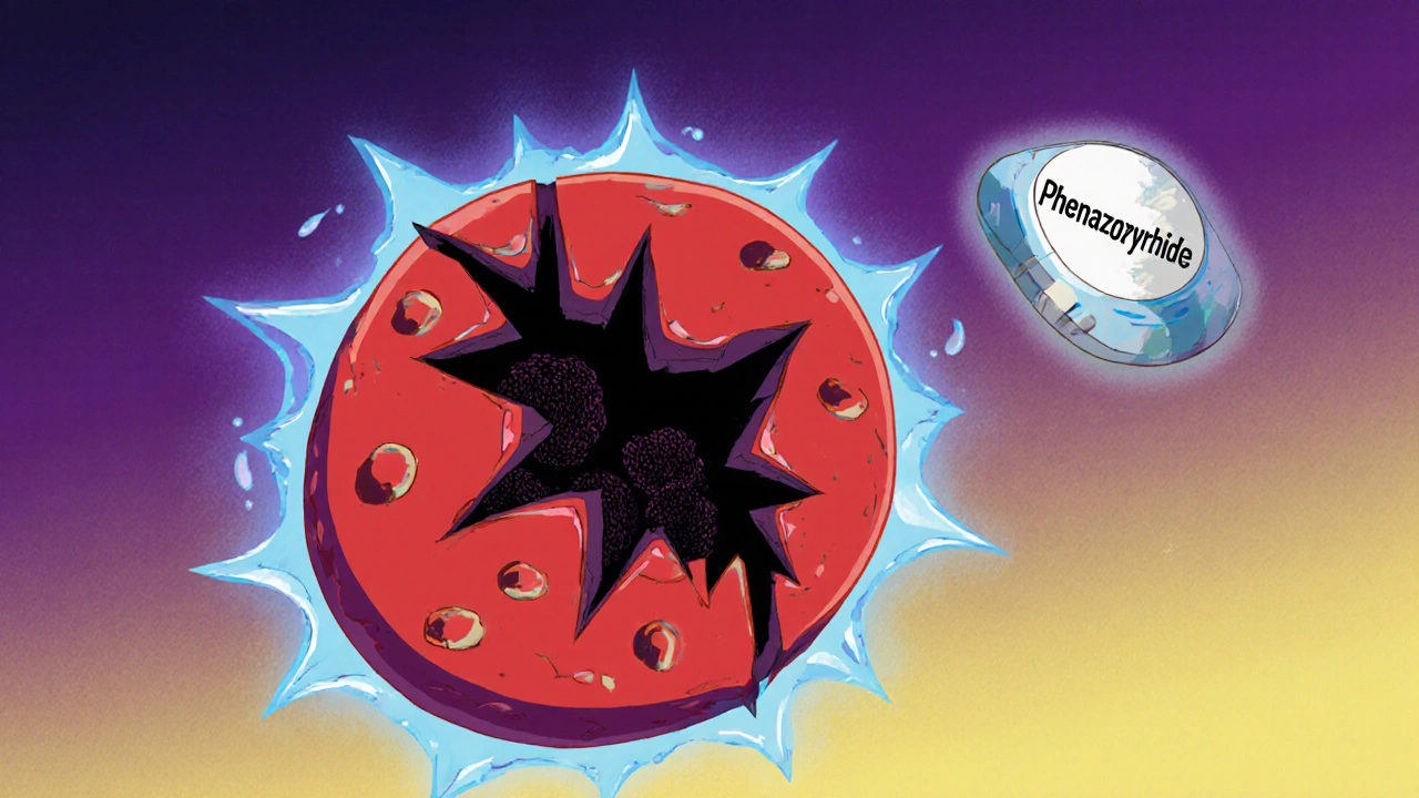 A damaged red blood cell bursting from oxidative stress with Heinz bodies inside.