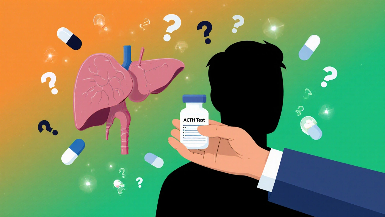 A doctor gives an ACTH test vial while opioid pills dissolve into question marks, representing unrecognized risk.