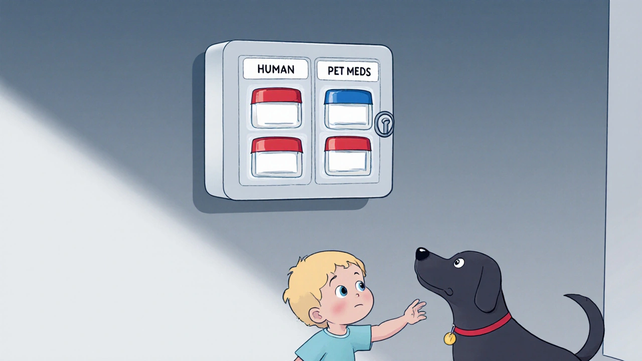 A locked storage box on a high wall, separating human and pet medications, cartoon illustration.