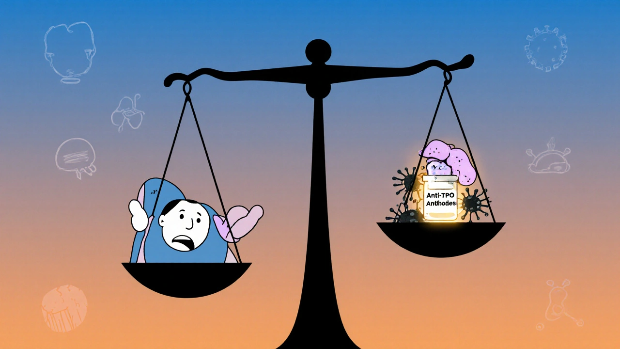 A medical scale tipped by stress vs. autoimmune antibodies, with a glowing thyroid under siege, fading gradient background.