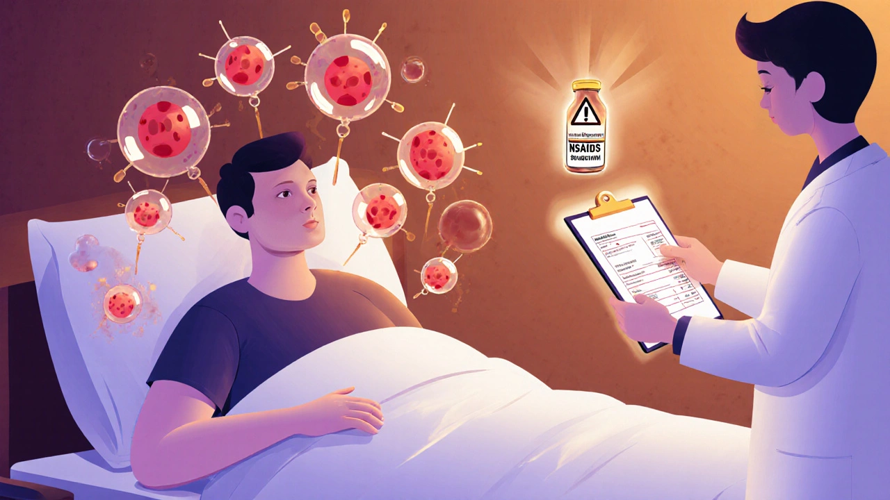 A patient experiencing symptoms of hemolytic anemia with bursting red blood cells around them.