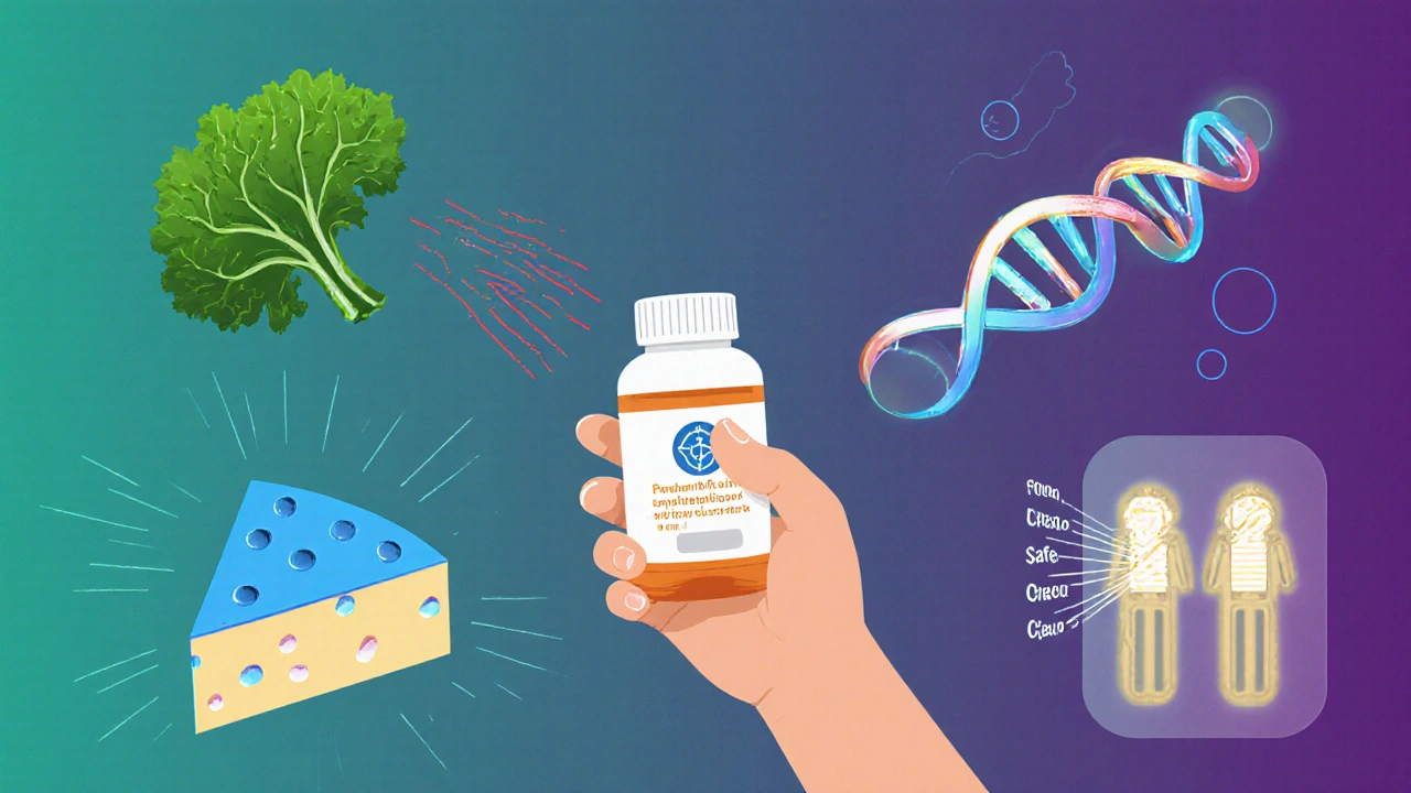 A person holding a pill bottle surrounded by symbols of food interactions, genetics, and a digital twin hologram representing personalized medicine.