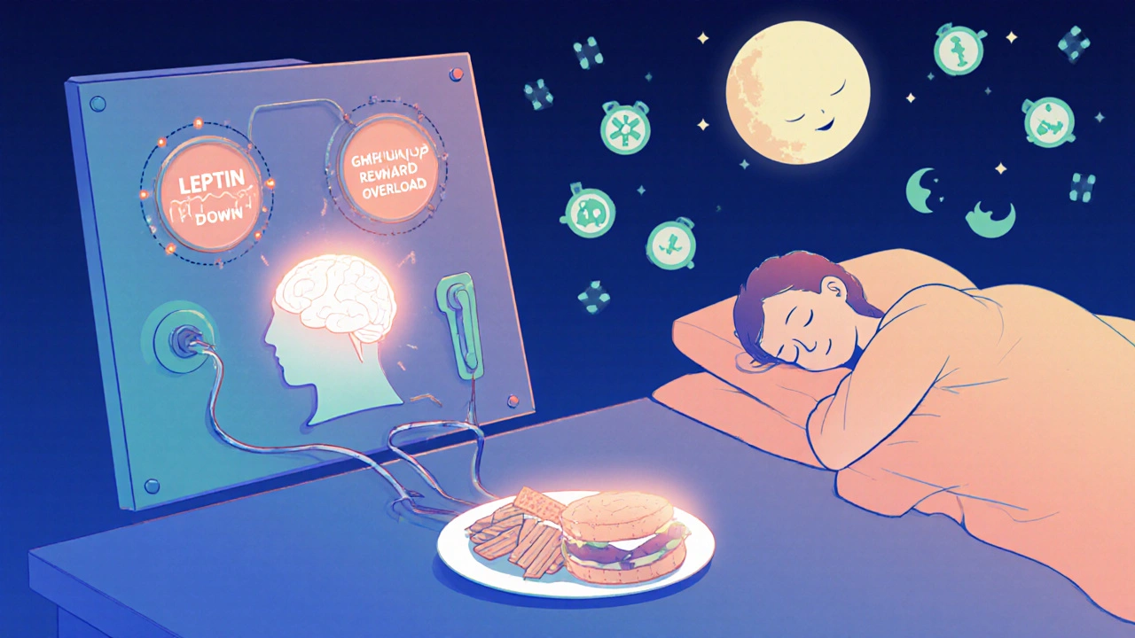 A person surrounded by chaotic hunger signals and a peaceful sleep version of themselves.
